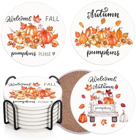 Fall Coasters for Drinks, Set of 6, Ceramic Stone Autumn