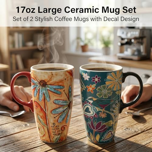 Topadorn Set of 2 Ceramic Travel Mugs with Lid, 17oz Ceramic Coffee