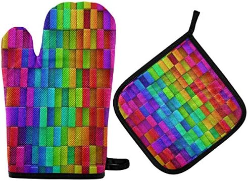 QMXO Abstract Rainbow Blocks Geometric Oven Mitts Quilted Cotton