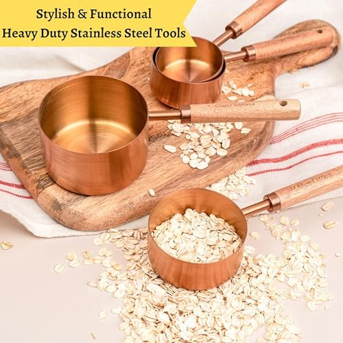 Copper Stainless Steel Measuring Cups and Spoons Set of 8, Wooden