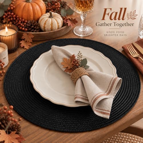 AHHFSMEI Round Braided Placemats Set of 4 15 Inch Black Table Mats