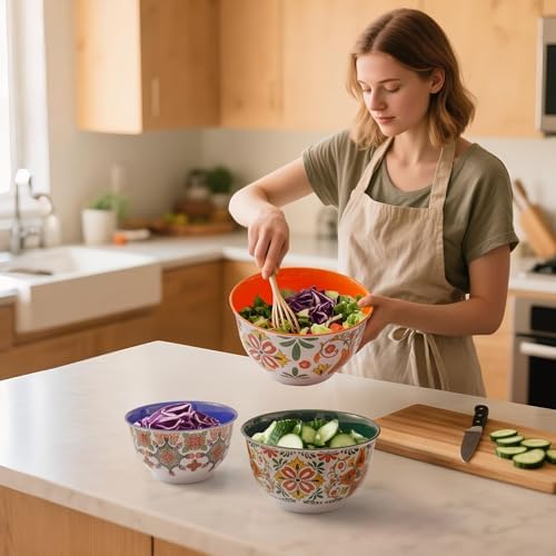 TP Melamine Mixing Bowl Set with Lids, Salad Bowl Set of 3, Aztec