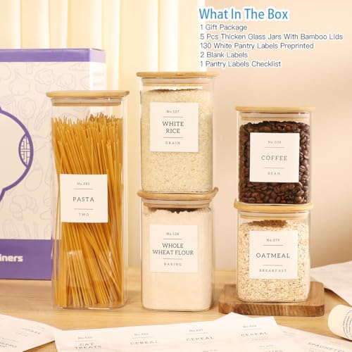 5 Pack Square Glass Pantry Storage Containers with 132 Kitchen Food Pantry Labels - Clear Glass Pantry Jars with Airtight Wood Bamboo Lids - Glass Canisters for Pasta, Cereal, Coffee, Flour, Sugar