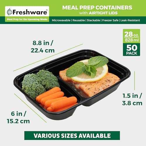 Freshware Meal Prep Containers [50 Pack] 2 Compartment with Lids, Food