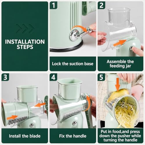 5-in-1 Rotary Cheese Grater with Hand Crank, Green