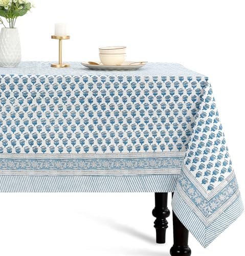 CPC Apatite Blue Block Print 100% Cotton Square Tablecloth 60x60 Inch