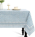 CPC Apatite Blue Block Print 100% Cotton Square Tablecloth 60x60 Inch