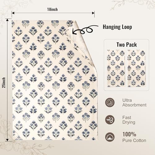 Block Print Floral Flour Sack Kitchen Towels Set of 2, Dusty Blue