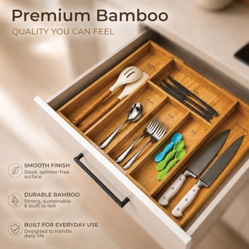 Expandable Bamboo Drawer Organizer for Kitchen Utensils, Adjustable