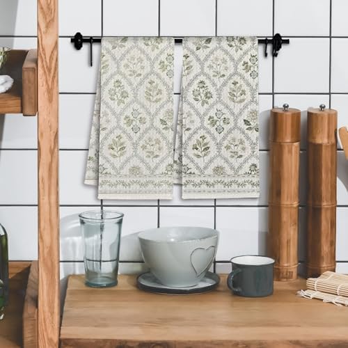 Boho Botanical Floral Kitchen Towels, Farmhouse Cottagecore Dish Tea