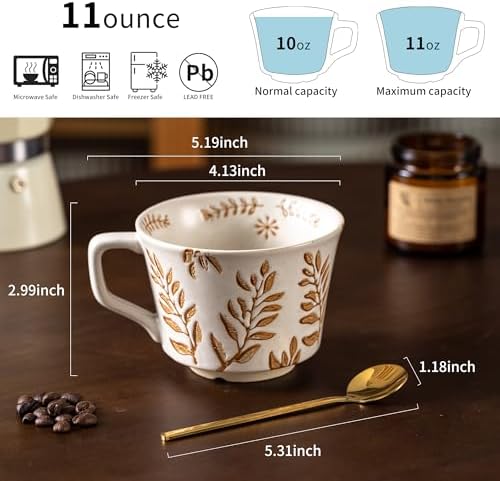 Ceramic Mugs 11 oz Unique Luxurious Cups Set of 4 with Premium Spoon