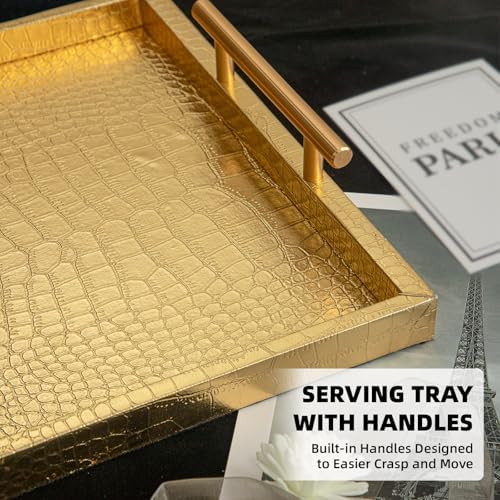 Modern Elegant Large Wood Serving Tray, Set of 2 Gold Crocodile