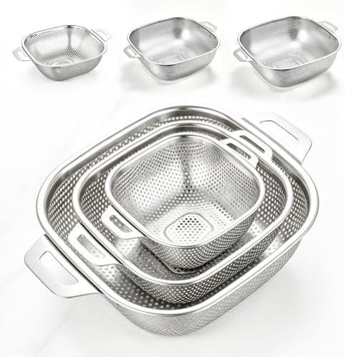 6QT 3-Piece Square Stainless Steel Colander Set w/Handle, Microporous High Foot Strainer for Spaghetti & Veggies Draining, Dishwasher Safe, Gift Box Packed Kitchen Draining Tool (6QT+4QT+2.4QT)