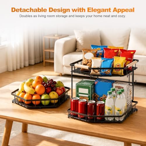 2 Tier Corner Fruit Basket for Kitchen Counter With 2 Banana Hangers