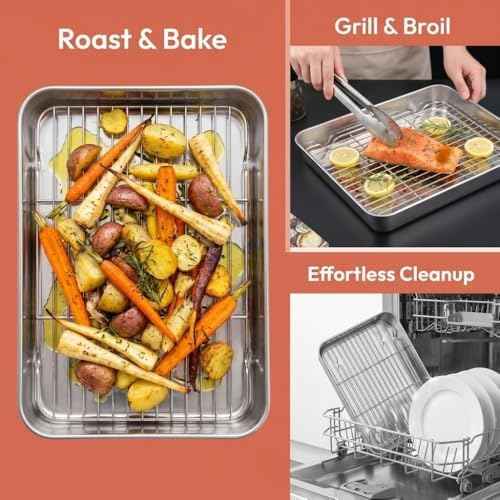 Roasting Pan and Rack Set Stainless Steel Easy Clean Rectangular Roaster with Rack for Cooking Baking(9.25 * 6.89 * 1.97in)