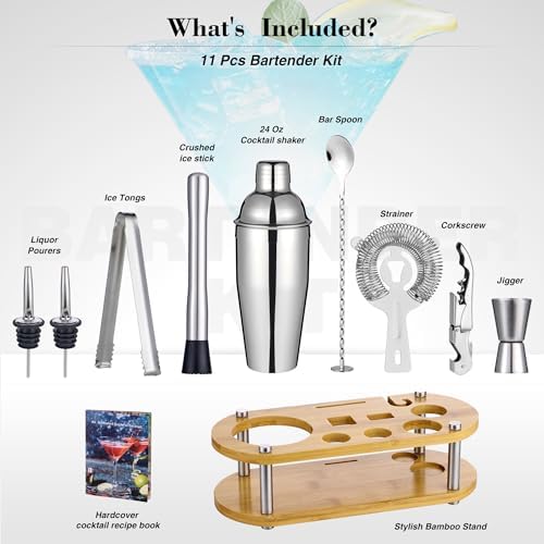 Wukuna Cocktail Shaker Bartender Kit, 11 Pcs Bar Tool Set with Bamboo
