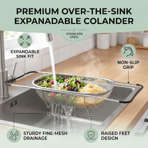 Stainless Steel Strainer,Over the Sink Colander, Expandable Handles
