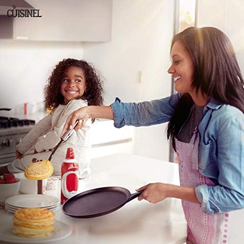 Cast Iron Round Griddle - 10.5”-Inch Crepe Maker Pan + Silicone Handle