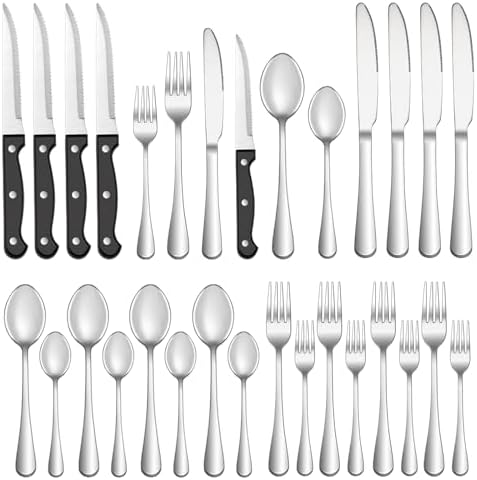 24 Pcs Silverware Set with Steak Knives for 4, Stainless Steel