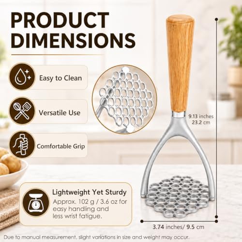 Potato Masher, Aluminum Alloy Food Smasher with Wooden Handle,Potato