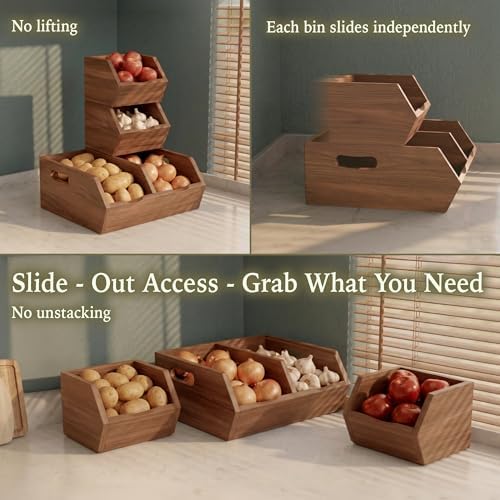 Acacia Pantry Storage Bins Set of 3, Stackable Potato Onion Wood