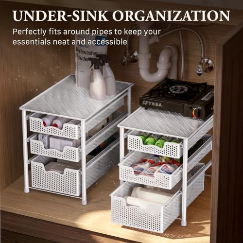 Simple Houseware 3 Tier White Alloy Steel Sliding Basket Organizer