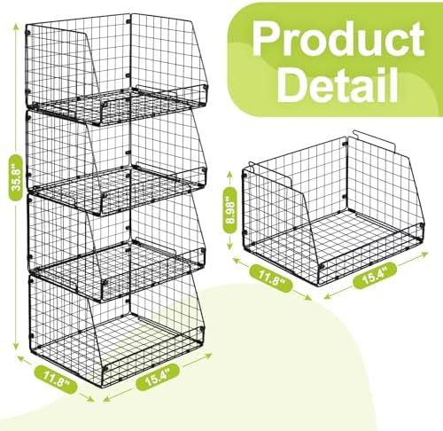 4 Pack XXL Stackable Wire Storage Basket, Extra Large Capacity Pantry Organizer and Storage, Muti-Purpose for Vegetable Fruit Basket & Can Organizer & Snack Rack & Metal Pantry Bin