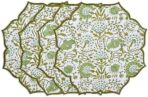 CPC Agate Green Block Print Cotton Floral Placemat 15x15 Inch, Set of