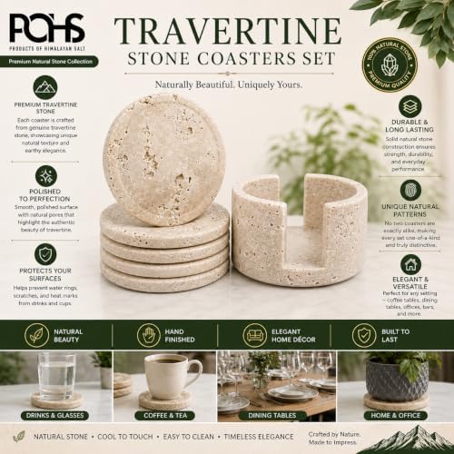POHS Travertine Coasters Set of 6 with Holder – 3.75" Round Natural