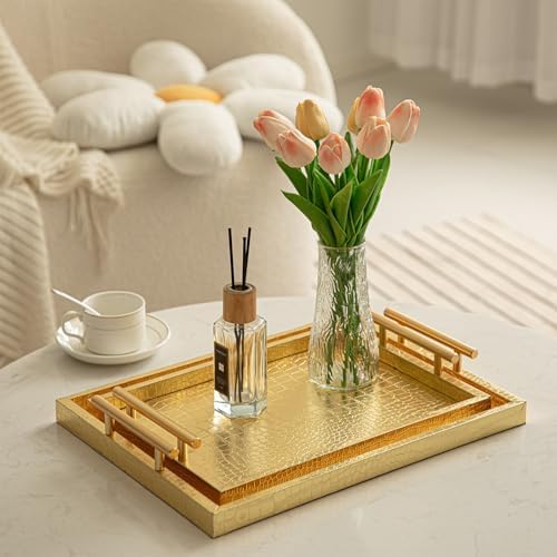 Modern Elegant Large Wood Serving Tray, Set of 2 Gold Crocodile