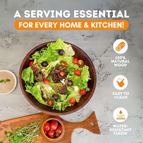 Luxe Designs 12" Dark Burnt Wooden Salad Bowl Set with Serving