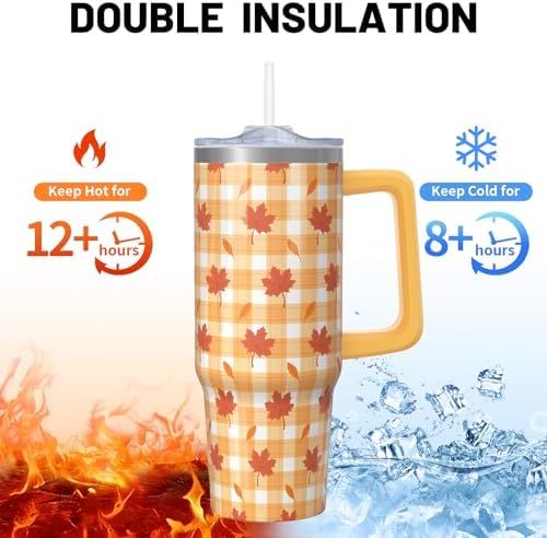 30 oz Fall Insulated Tumbler with Handle & Straw for Autumn Leaves