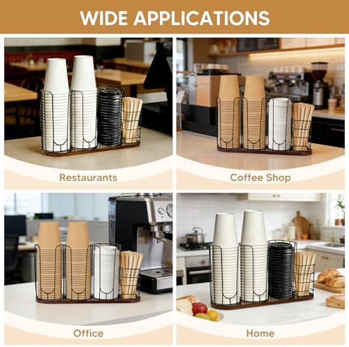 4-Compartment 18oz Coffee Cup Dispenser Rack with Wood Base