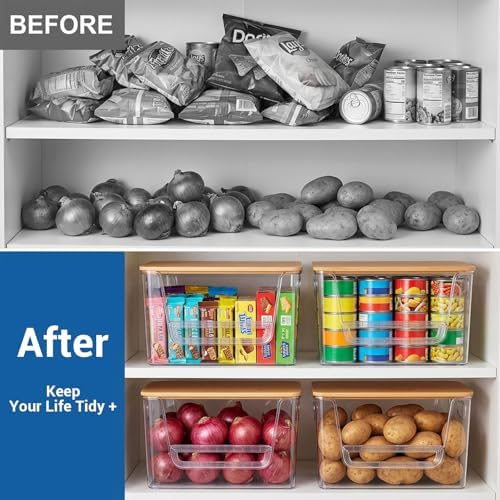 3 Set Pantry Organizers and Storage with Bamboo Lids, Stackable Clear
