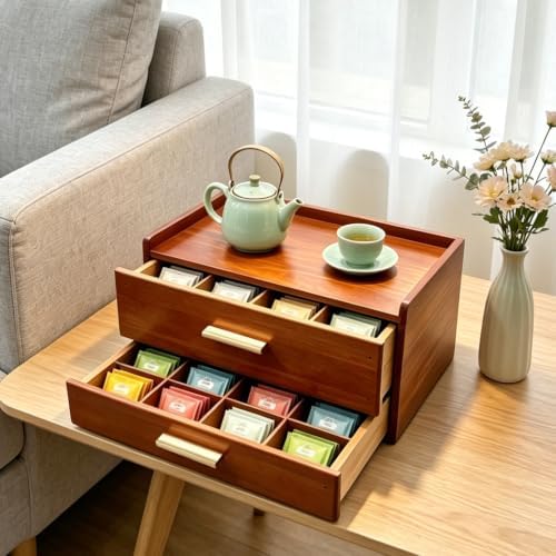 Wood Tea Bag Organizer Drawer With Mat Tea Storage Bag Double-Drawer
