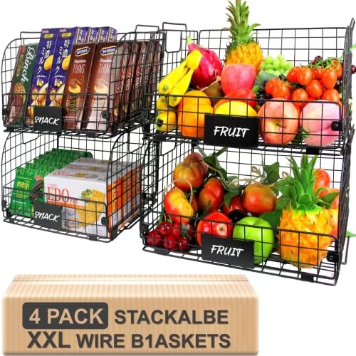 4 Pack XXL Stackable Wire Baskets, 16.3''x12''x8.2''