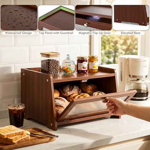 Wooden Bread Box for Kitchen Countertop with Clear Acrylic View Window