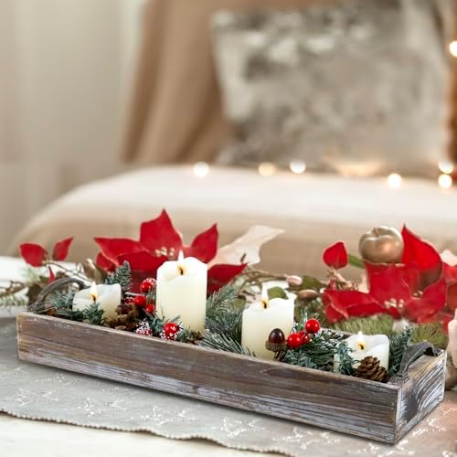 MyGift 16 Inch Rustic Torched Solid Wood Butler Tray with Decorative