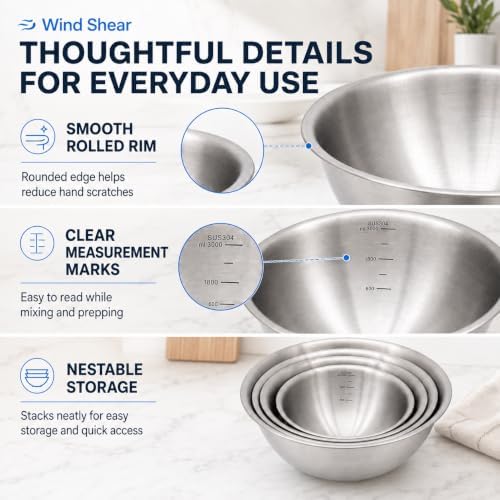 Wind Shear 4-Piece 304 Stainless Steel Mixing Bowls with Measurements