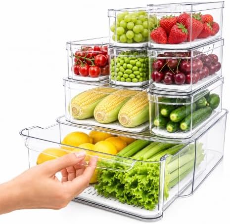 SMRCAD Clear Fridge Bins with Drain Trays - BPA-Free PET, Stackable