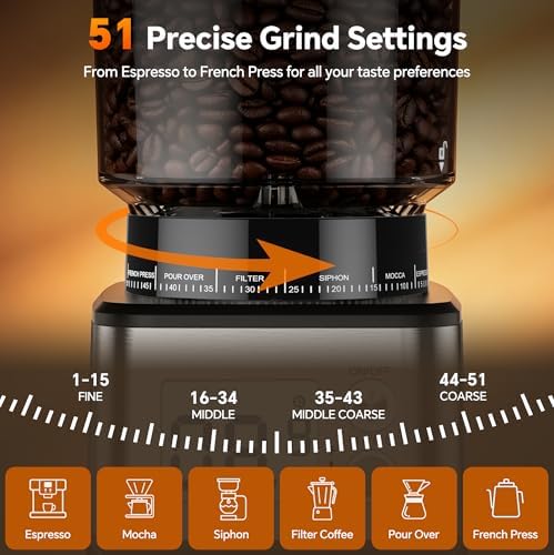 Conical Burr Coffee Grinder, 51 Grind Settings, 1-12 Cups