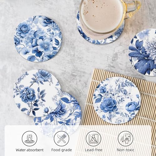 Coaster for Drinks Set of 6, Blue Vintage Spanish Ceramic Floral