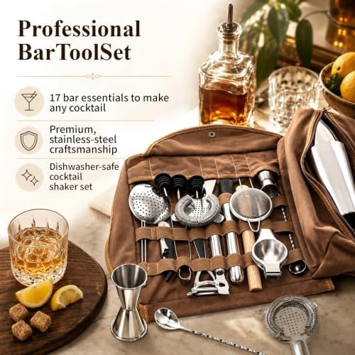 Portable Bartender Kit with Canvas Roll-Up Bag, Complete Cocktail