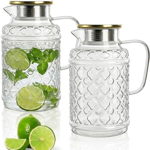 AVLA 2 Pack 2 Liter Glass Pitcher with Lid and Handle, Large