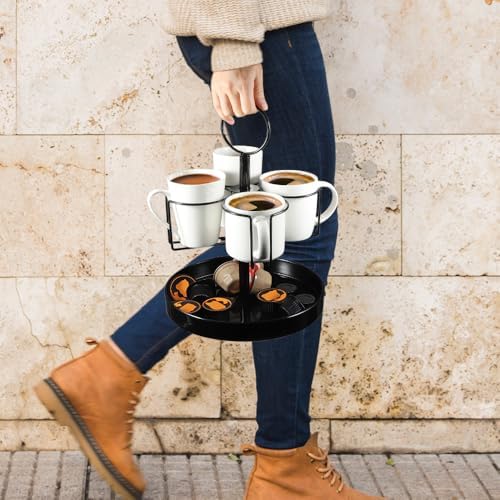 4 Mugs Stand Holder, Rotatable Metal Coffee & Beer Mug Rack with Tray
