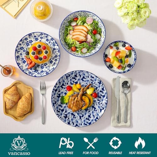 vancasso SELENE Plates and Bowls Set for 6, 24 Pieces Dinnerware Sets, Mircowave and Dishwasher Safe Dishes Set, Porcelain Blue Dinnerware