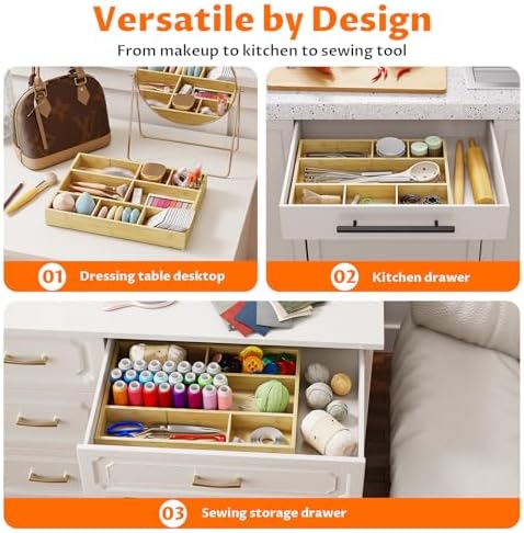 Bamboo Drawer Organizer with 9 Adjustable Compartments, Desk Storage