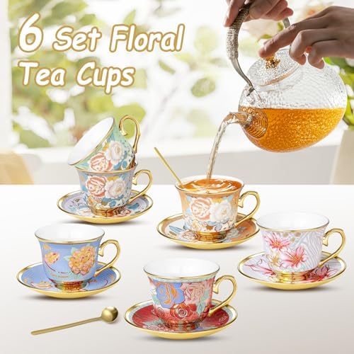 Tea Cups and Saucers, Tea Cup Set of 6, 8 OZ Floral Cups Porcelain Cup