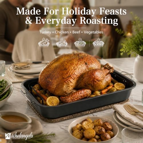 MICHELANGELO 15-Inch Turkey Roasting Pan with V Rack, Carbon Steel