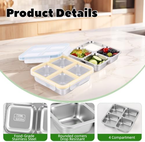 4 Pack Stainless Steel Snack Containers, 4 Compartments,24